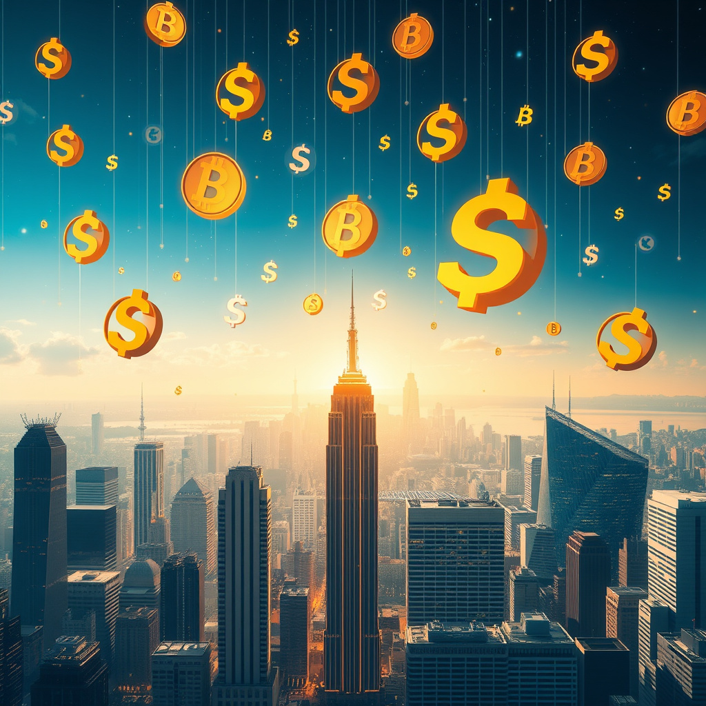 A futuristic cityscape with digital currency symbols floating above, signifying the impact of ins... (generated by AI)
