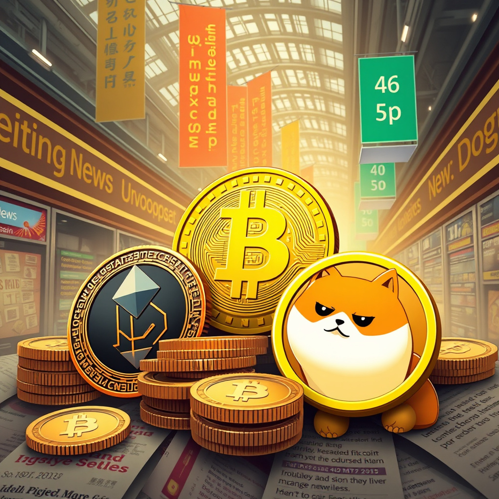 An artistic visualization of a marketplace with digital coins like Bitcoin, Ether, and Dogecoin p... (generated by AI)
