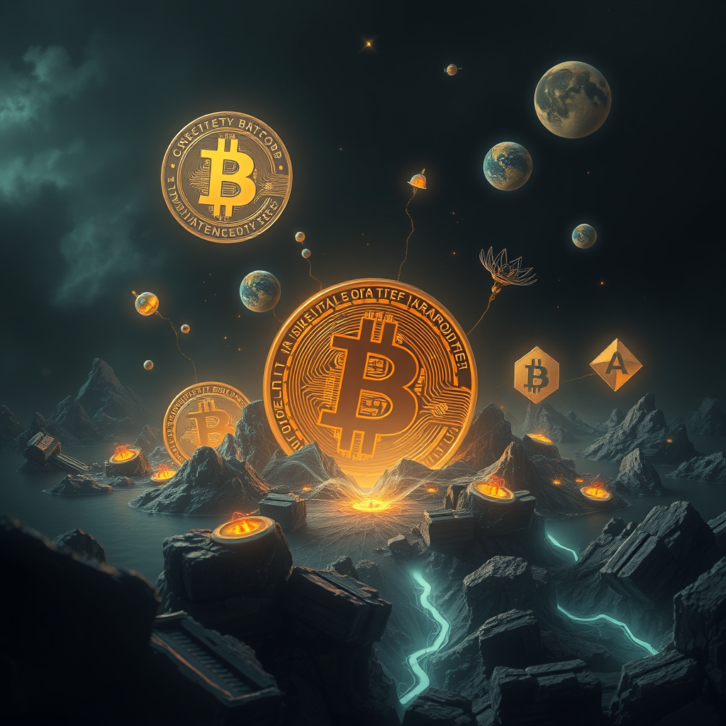 Surreal cryptocurrency concept art with crypto symbolism, moody lighting, artistic style (generated by AI)