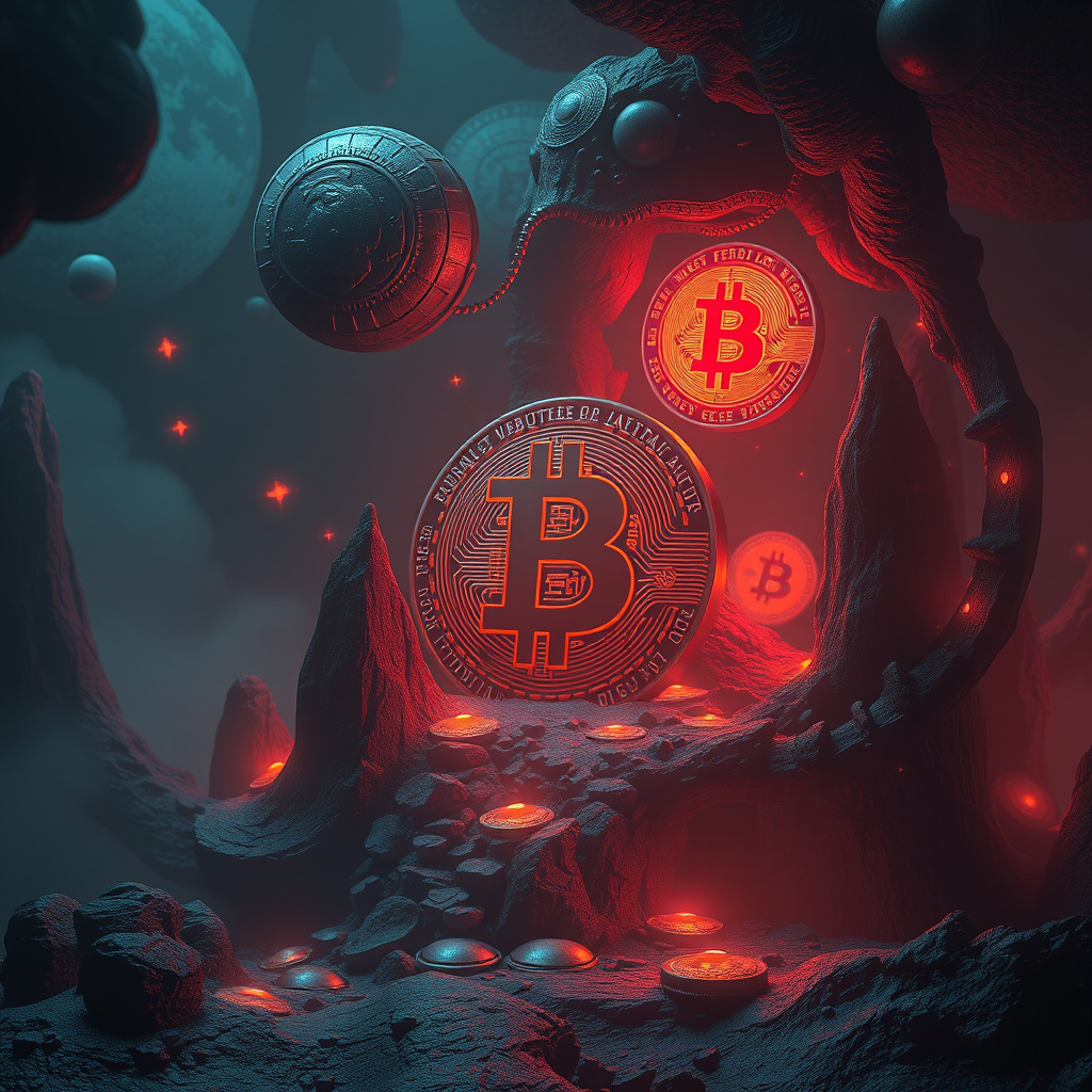 Surreal cryptocurrency concept art with crypto symbolism, moody lighting, artistic style (generated by AI)
