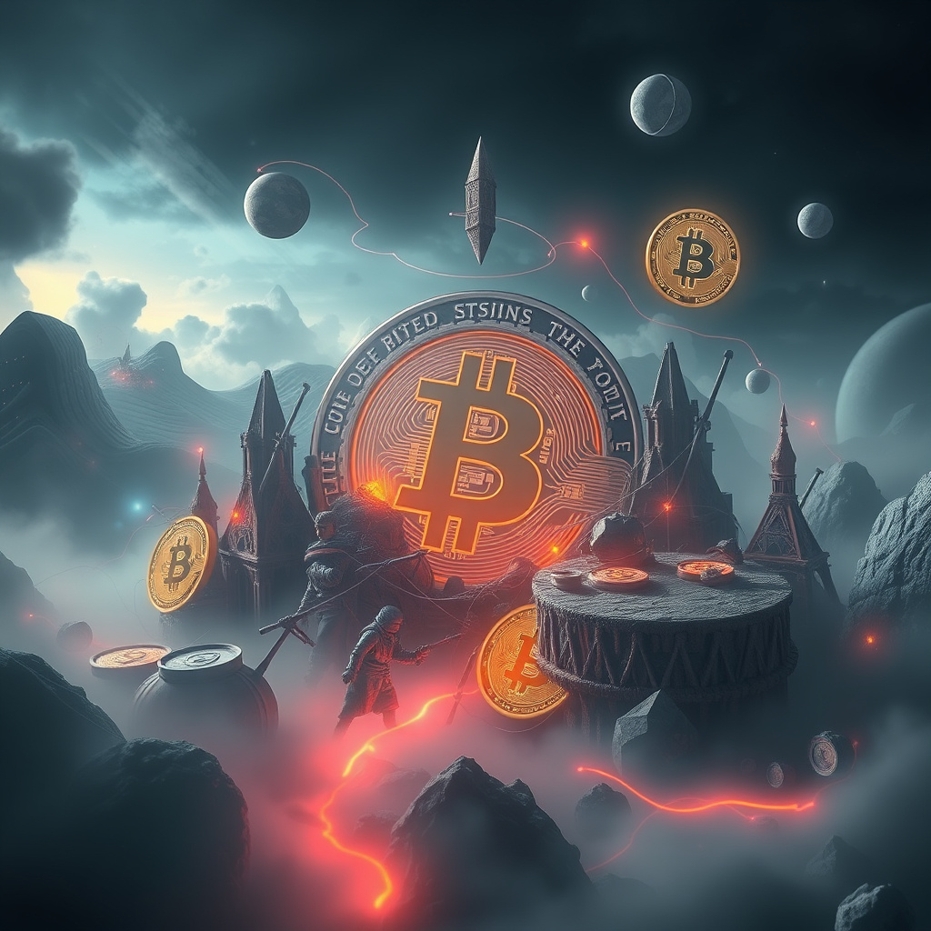 Surreal cryptocurrency concept art with crypto symbolism, moody lighting, artistic style (generated by AI)