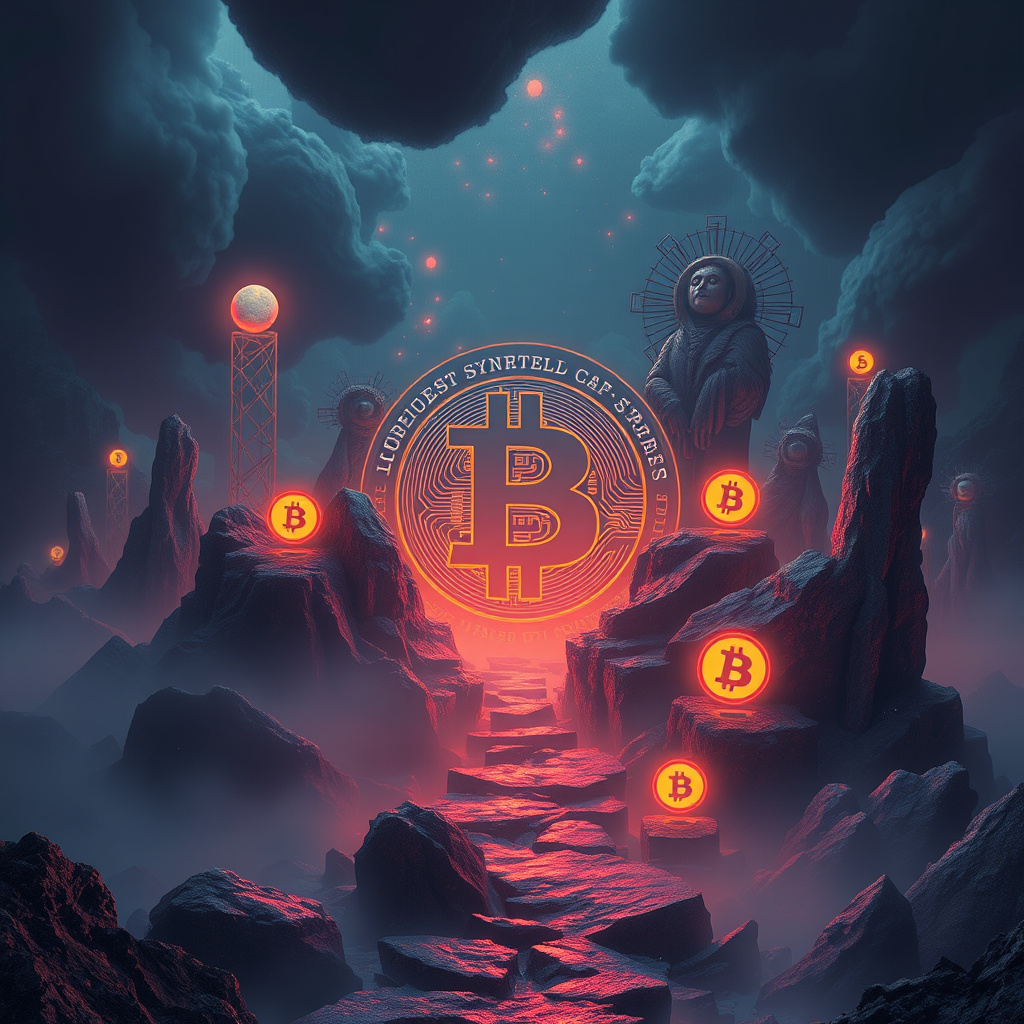Surreal cryptocurrency concept art with crypto symbolism, moody lighting, artistic style (generated by AI)
