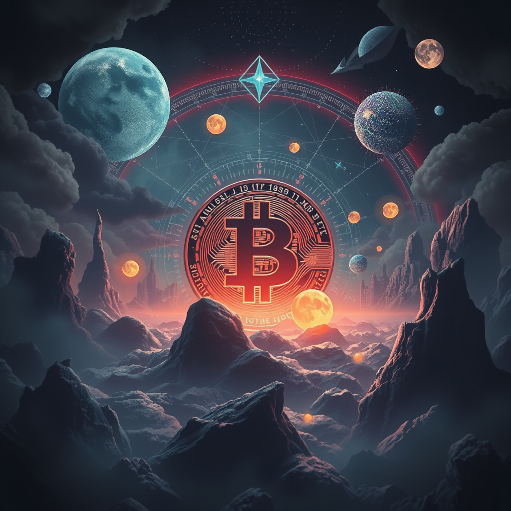 Surreal cryptocurrency concept art with crypto symbolism, moody lighting, artistic style (generated by AI)