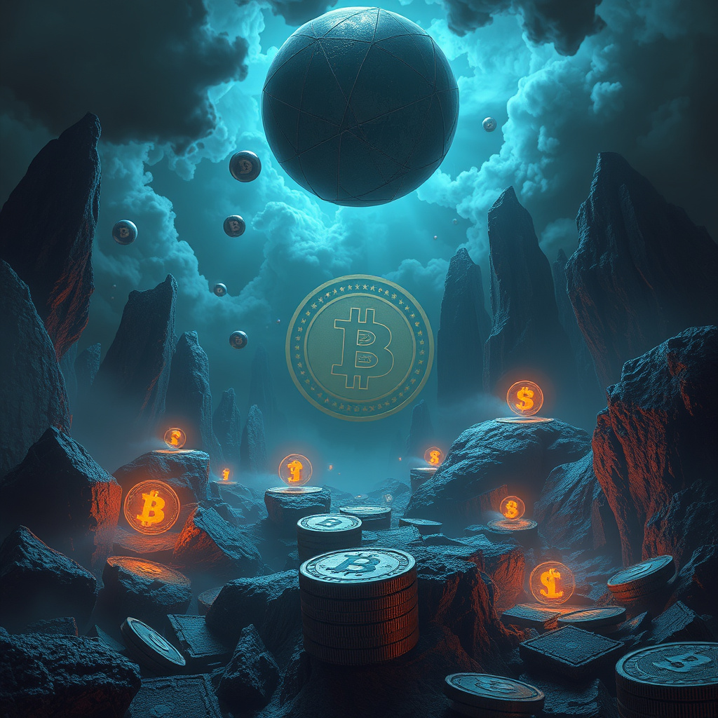 Surreal cryptocurrency concept art with crypto symbolism, moody lighting, artistic style (generated by AI)
