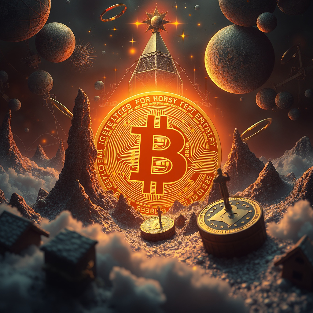 Surreal cryptocurrency concept art with crypto symbolism, moody lighting, artistic style (generated by AI)