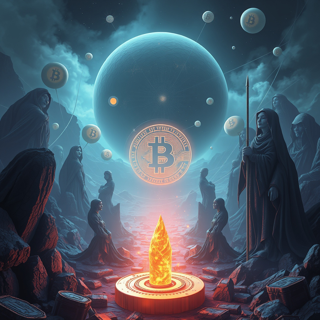 Surreal cryptocurrency concept art with crypto symbolism, moody lighting, artistic style (generated by AI)
