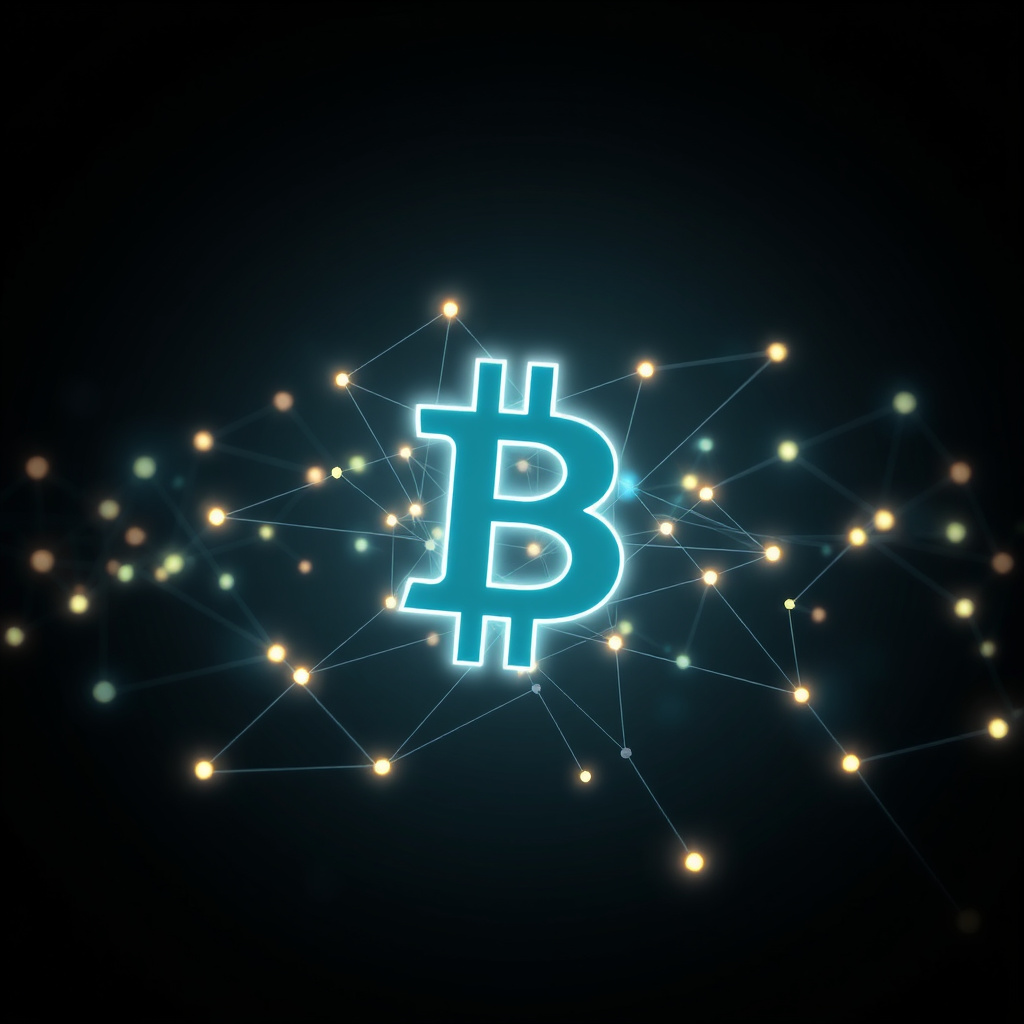 Symbolic blockchain visualization, glowing network connections against dark background, ethereal ... (generated by AI)