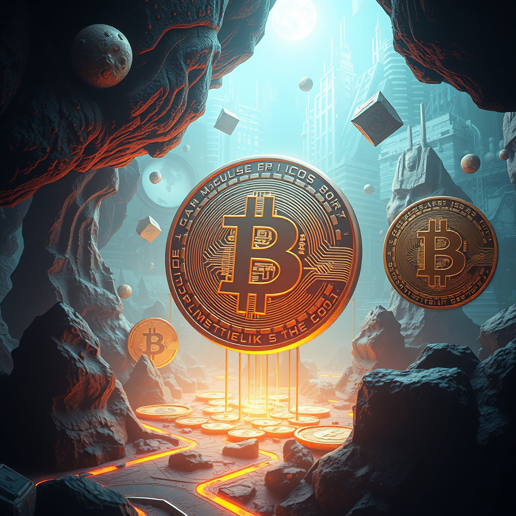 Surreal cryptocurrency concept art with crypto symbolism, moody lighting, artistic style (generated by AI)