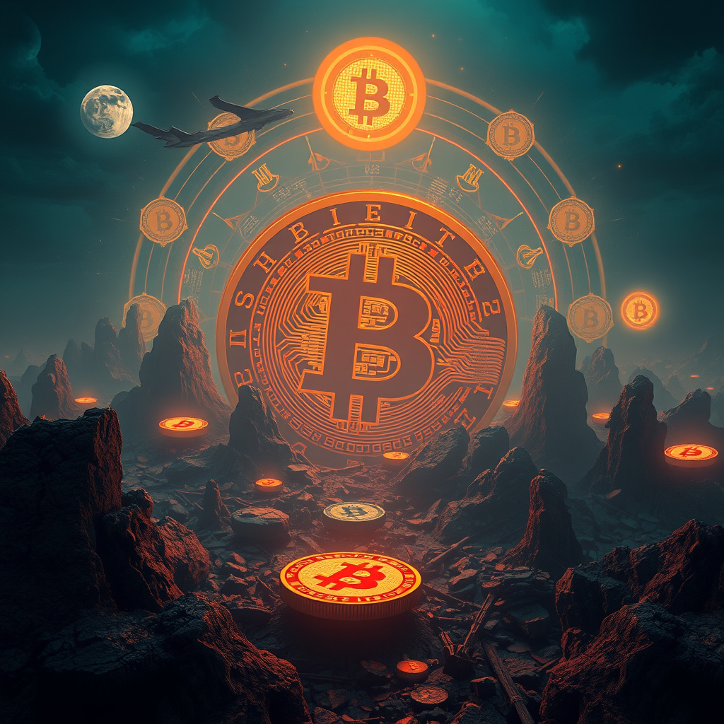 Surreal cryptocurrency concept art with crypto symbolism, moody lighting, artistic style (generated by AI)