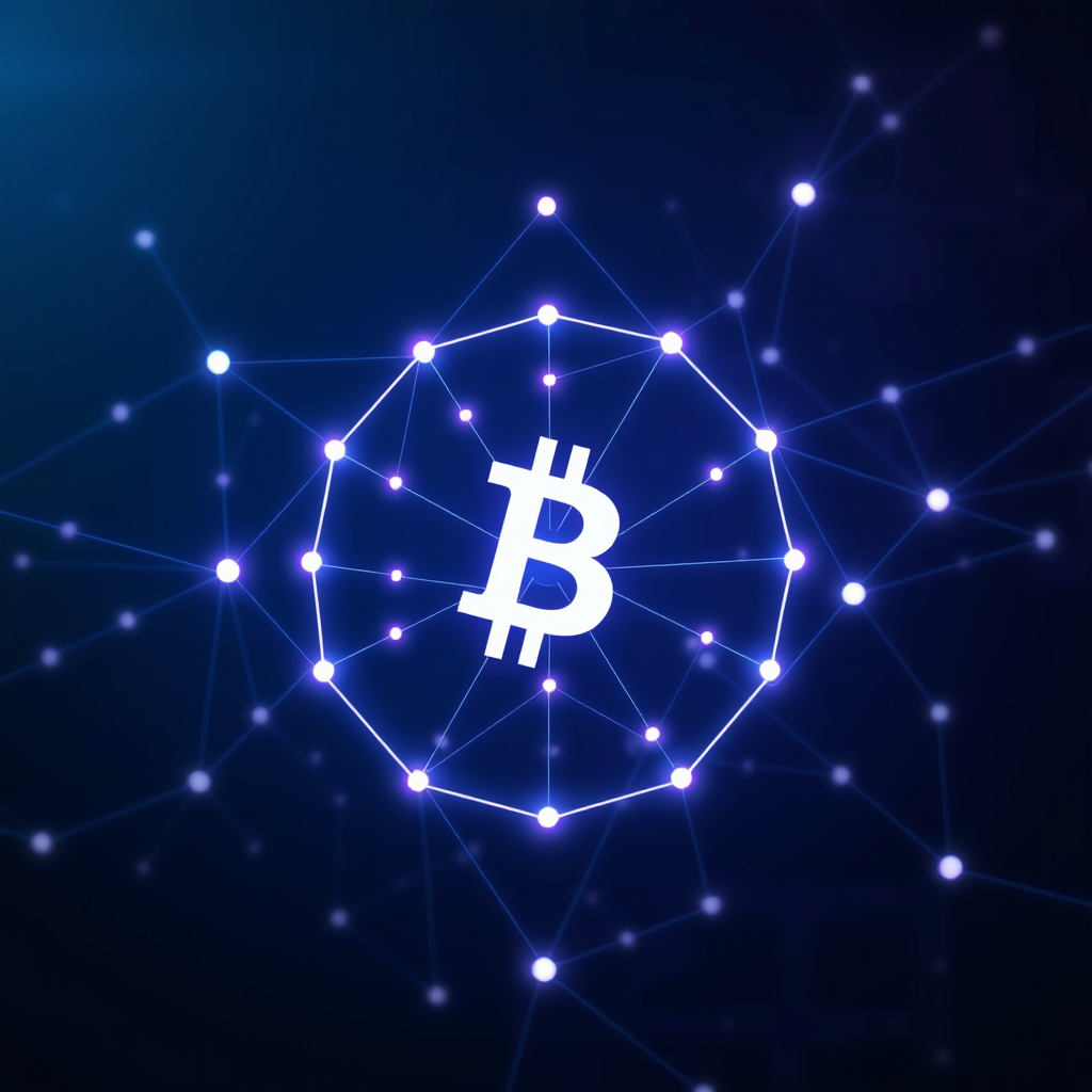 Symbolic blockchain visualization, glowing network connections against dark background, ethereal ... (generated by AI)