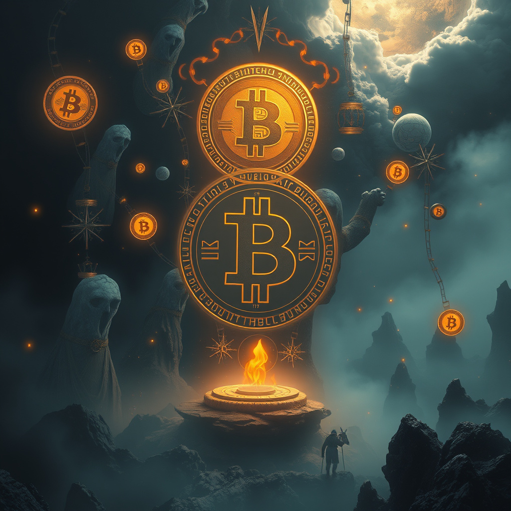 Surreal cryptocurrency concept art with crypto symbolism, moody lighting, artistic style (generated by AI)