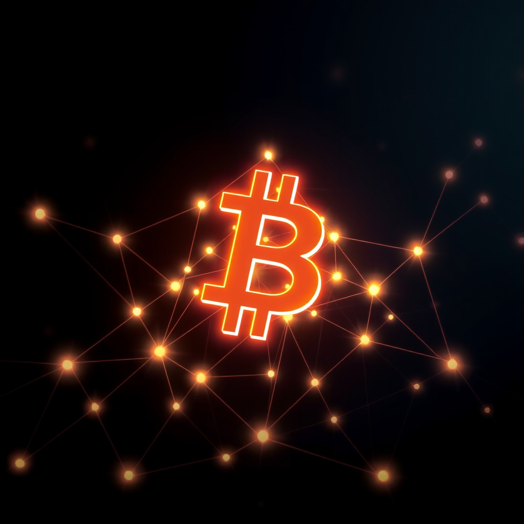 Symbolic blockchain visualization, glowing network connections against dark background, ethereal ... (generated by AI)