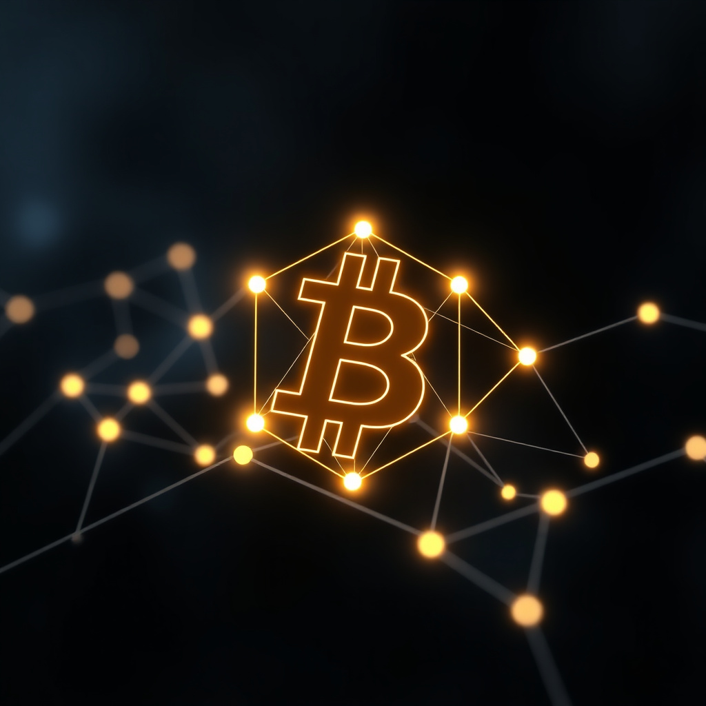 Symbolic blockchain visualization, glowing network connections against dark background, ethereal ... (generated by AI)