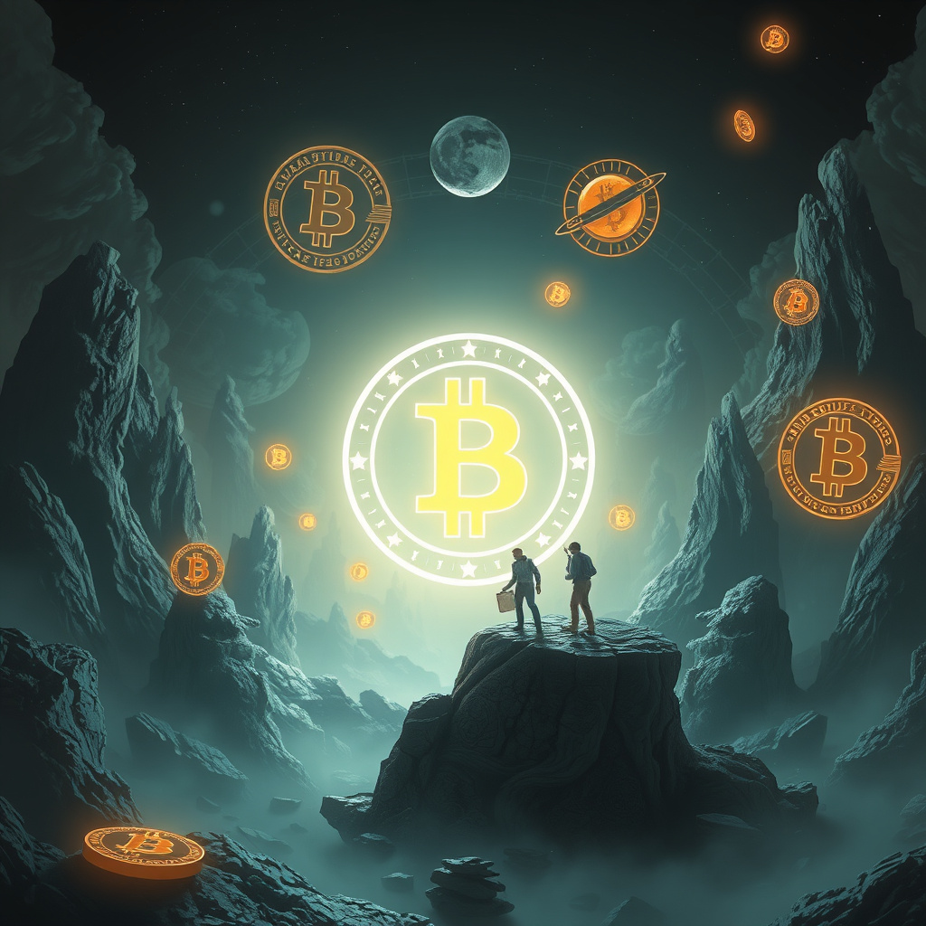 Surreal cryptocurrency concept art with crypto symbolism, moody lighting, artistic style (generated by AI)
