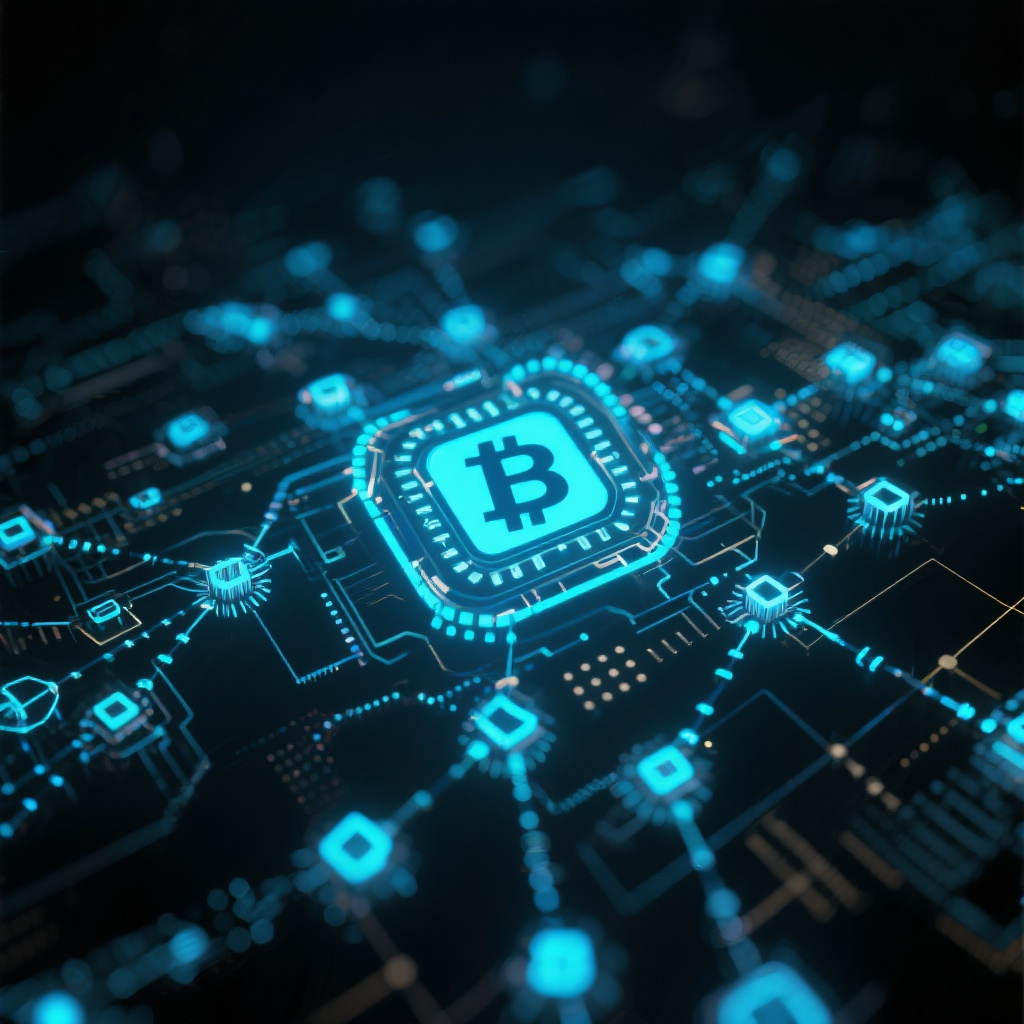 Blockchain network visualization, glowing digital connections, dark background, futuristic tech a... (generated by AI)