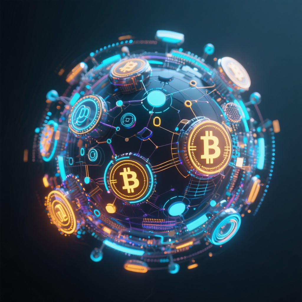 Digital cryptocurrency ecosystem visualization, modern abstract art, glowing elements, profession... (generated by AI)