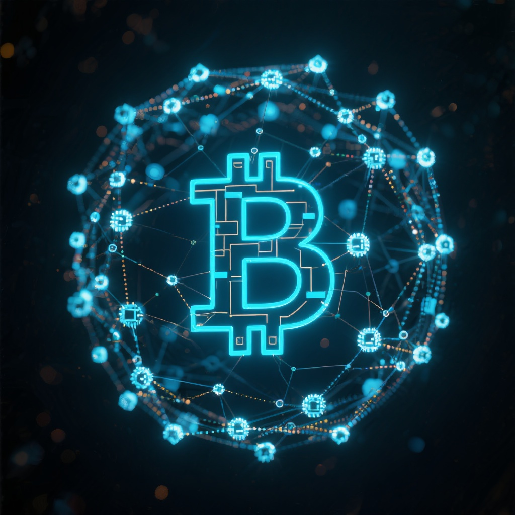 Blockchain network visualization, glowing digital connections, dark background, futuristic tech a... (generated by AI)