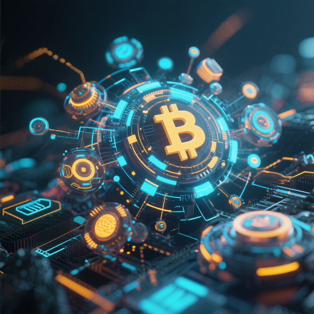 Digital cryptocurrency ecosystem visualization, modern abstract art, glowing elements, profession... (generated by AI)