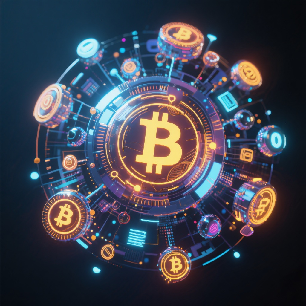 Digital cryptocurrency ecosystem visualization, modern abstract art, glowing elements, profession... (generated by AI)