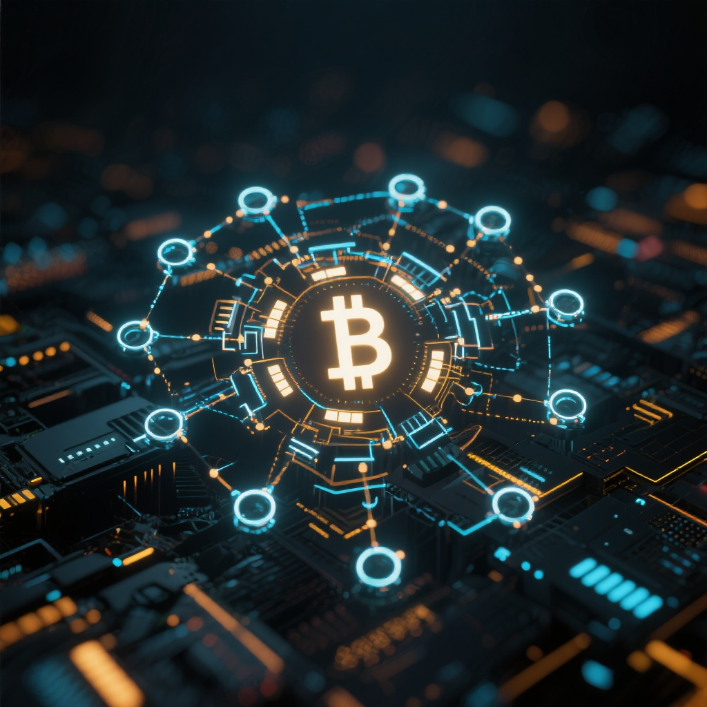 Blockchain network visualization, glowing digital connections, dark background, futuristic tech a... (generated by AI)