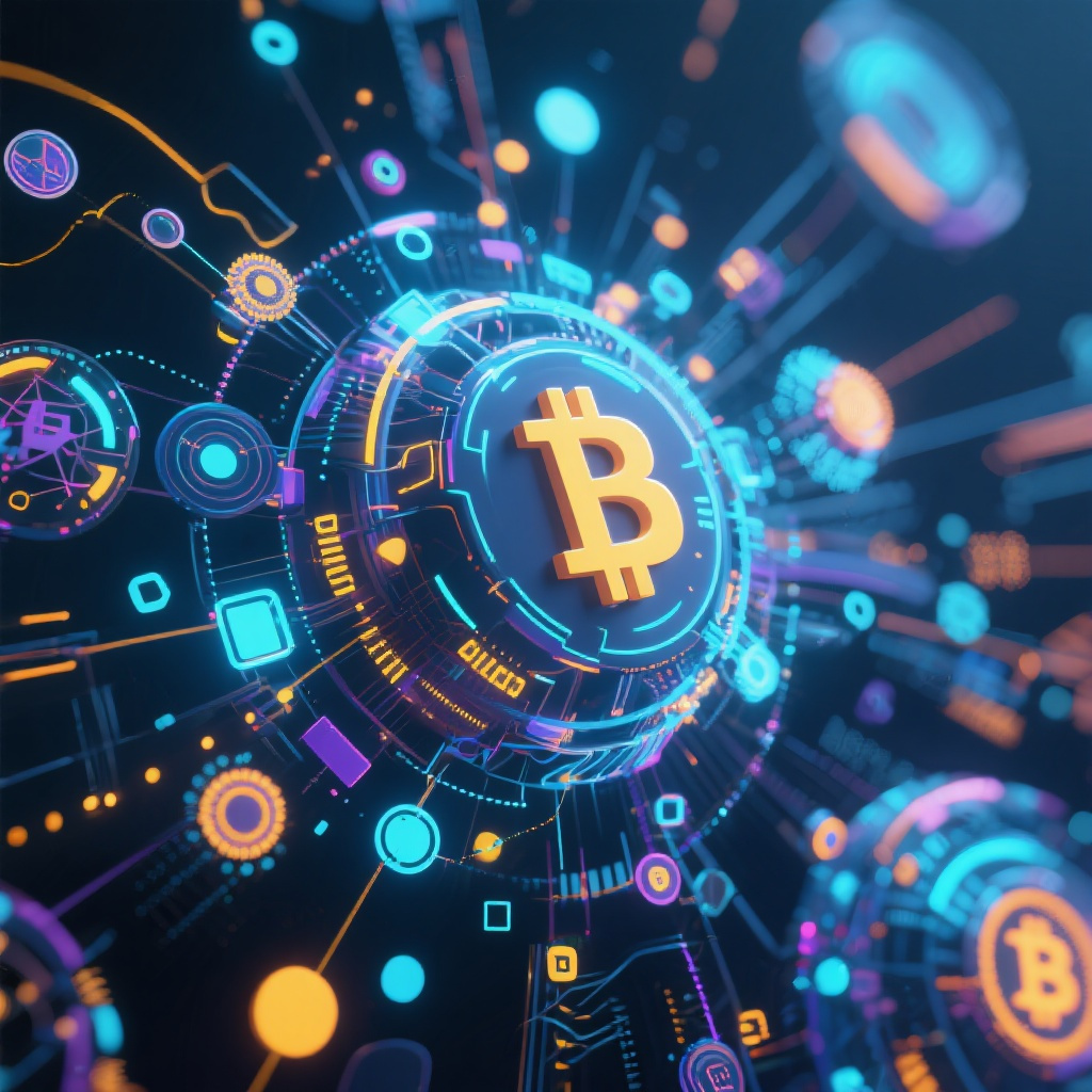 Digital cryptocurrency ecosystem visualization, modern abstract art, glowing elements, profession... (generated by AI)