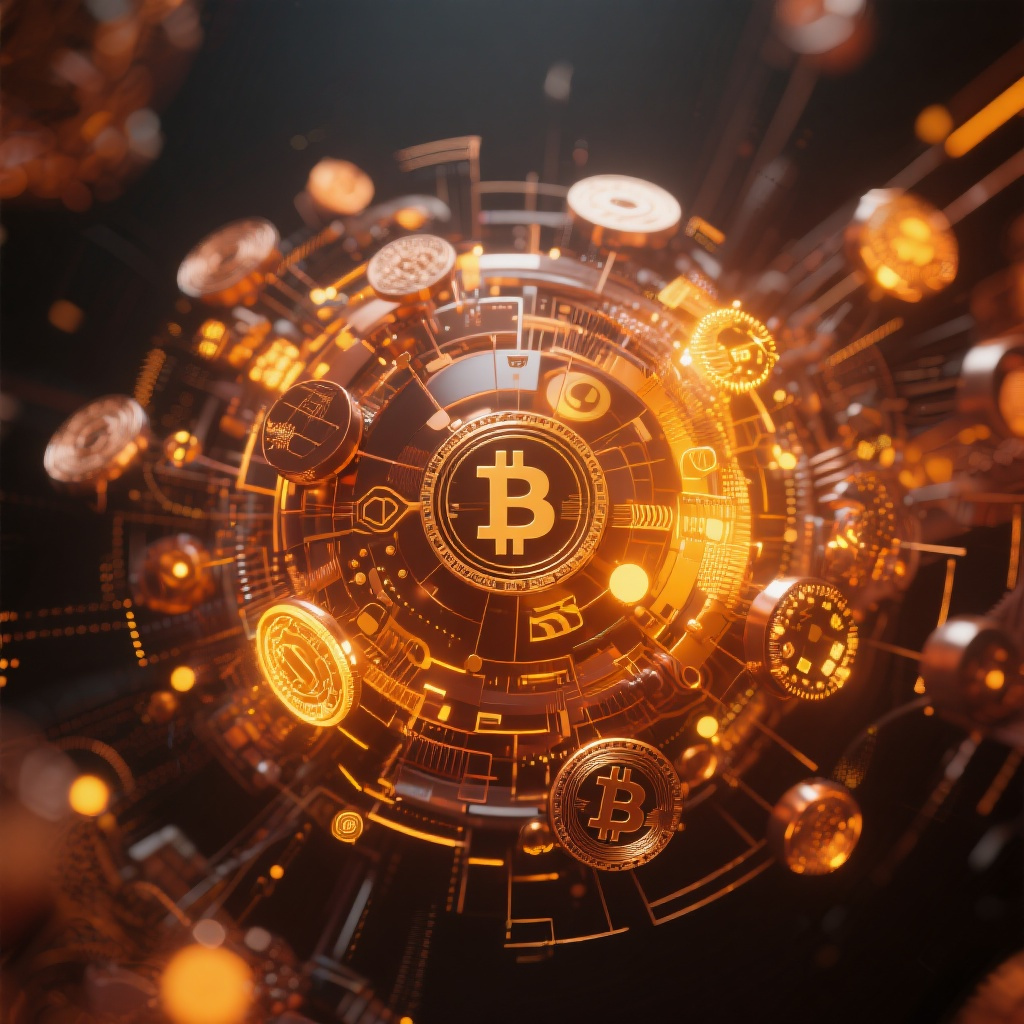 Digital cryptocurrency ecosystem visualization, amber and copper tones, modern abstract art, glow... (generated by AI)