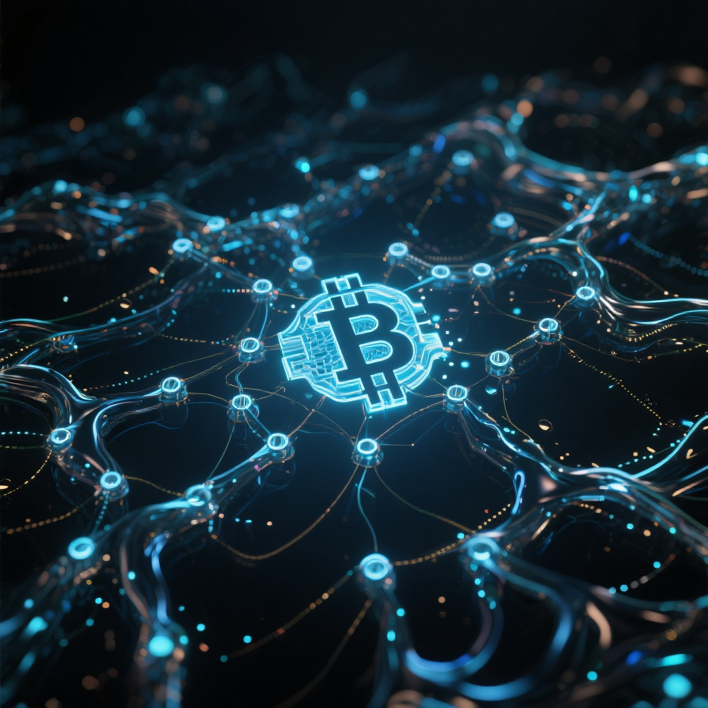 Blockchain network visualization, fluid dynamics, glowing digital connections, dark background, f... (generated by AI)