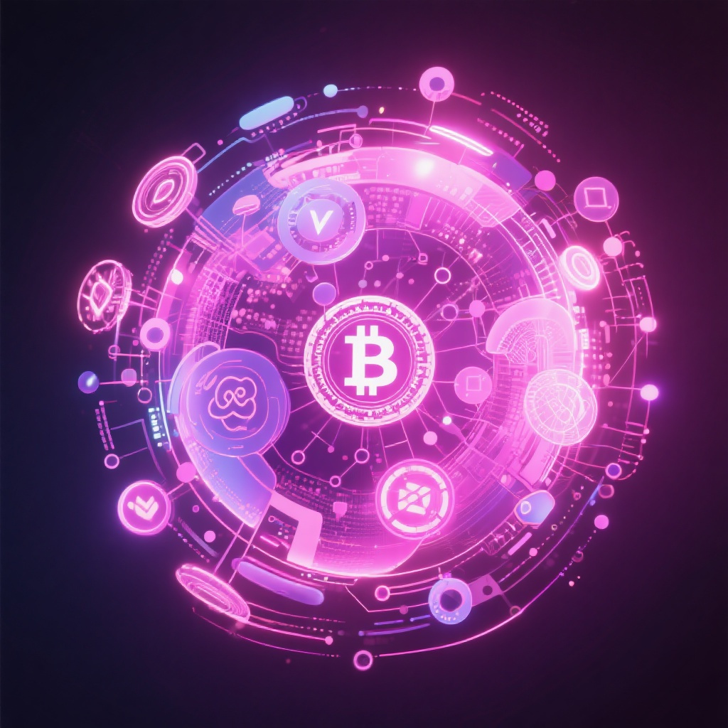 Digital cryptocurrency ecosystem visualization, pink and purple hues, modern abstract art, glowin... (generated by AI)