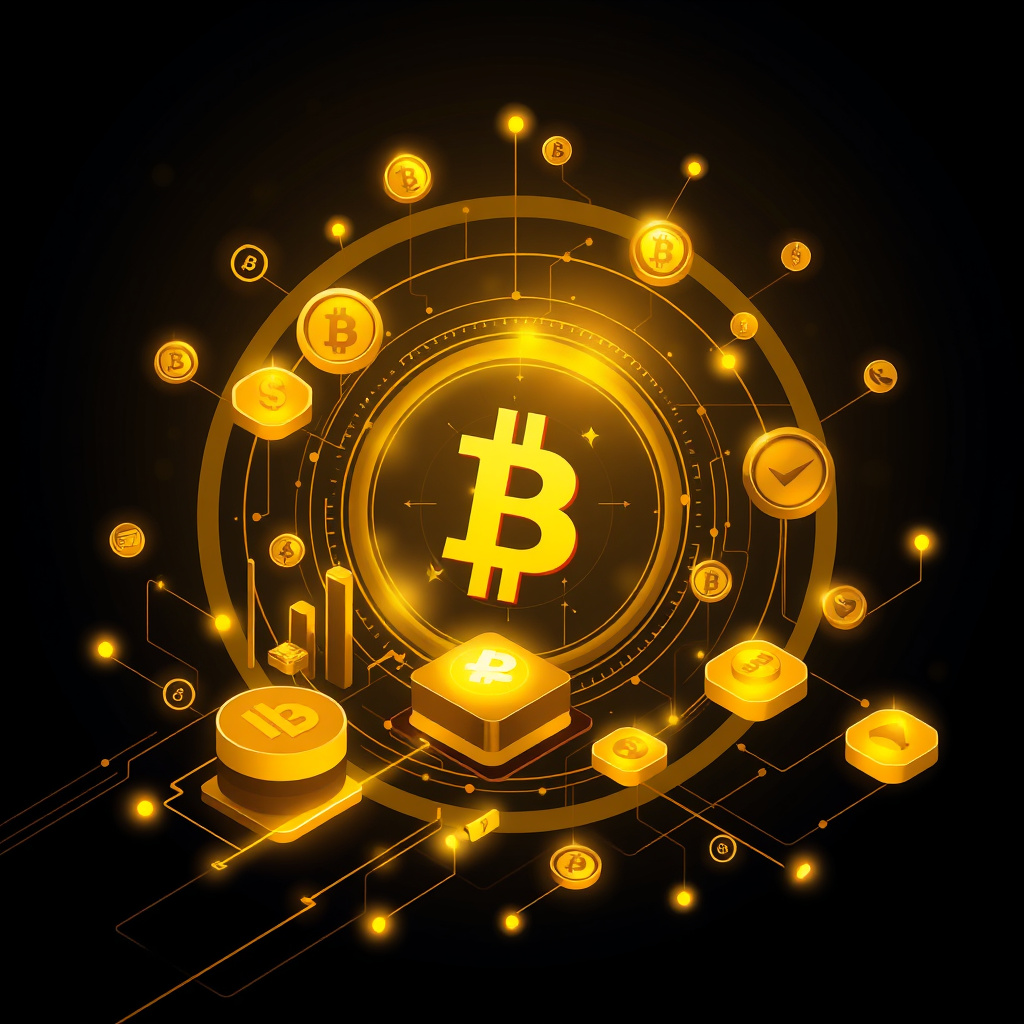 Digital cryptocurrency ecosystem visualization, gold and black theme, modern abstract art, glowin... (generated by AI)