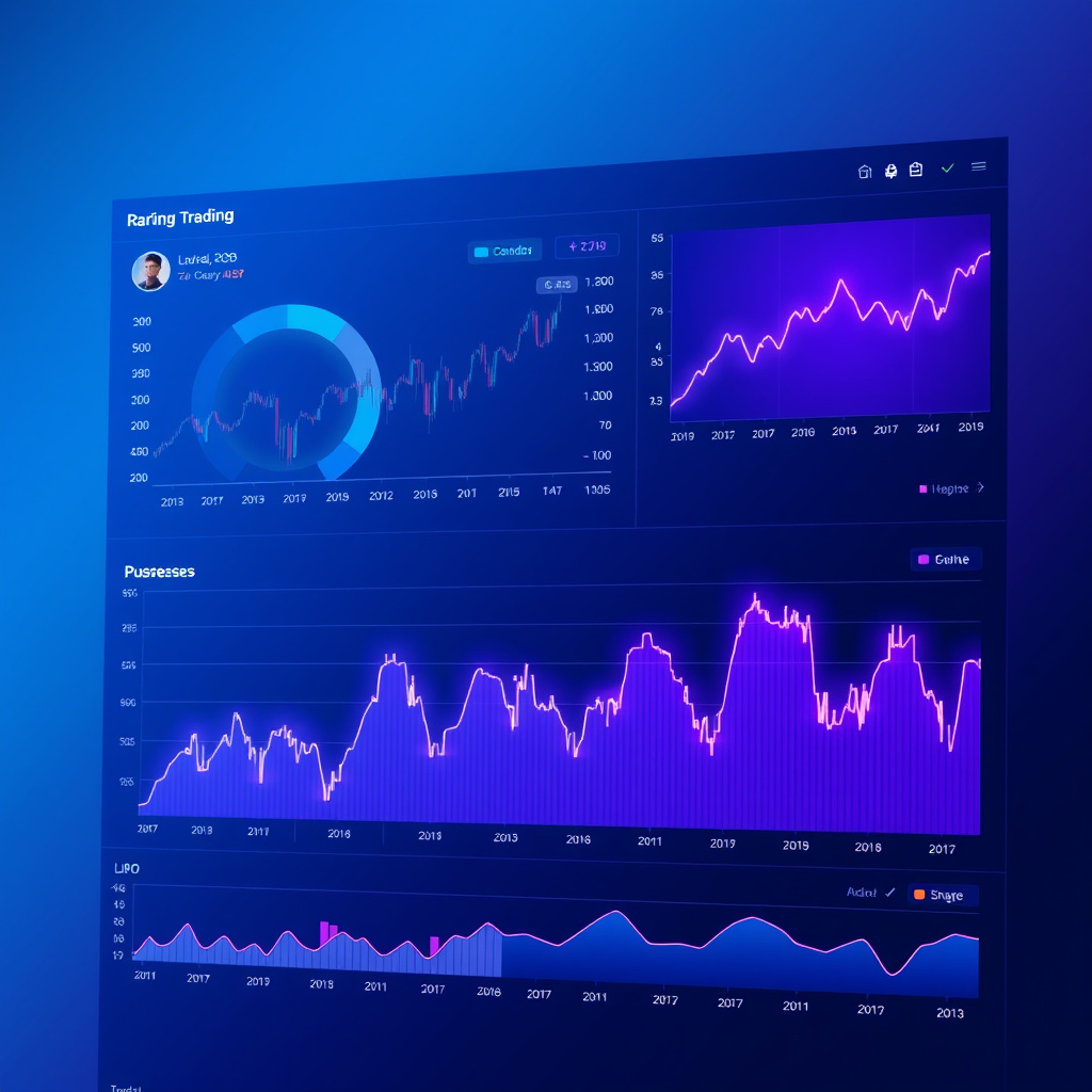 Digital trading dashboard visualization, blue and purple gradients, glowing charts and graphs, mo... (generated by AI)