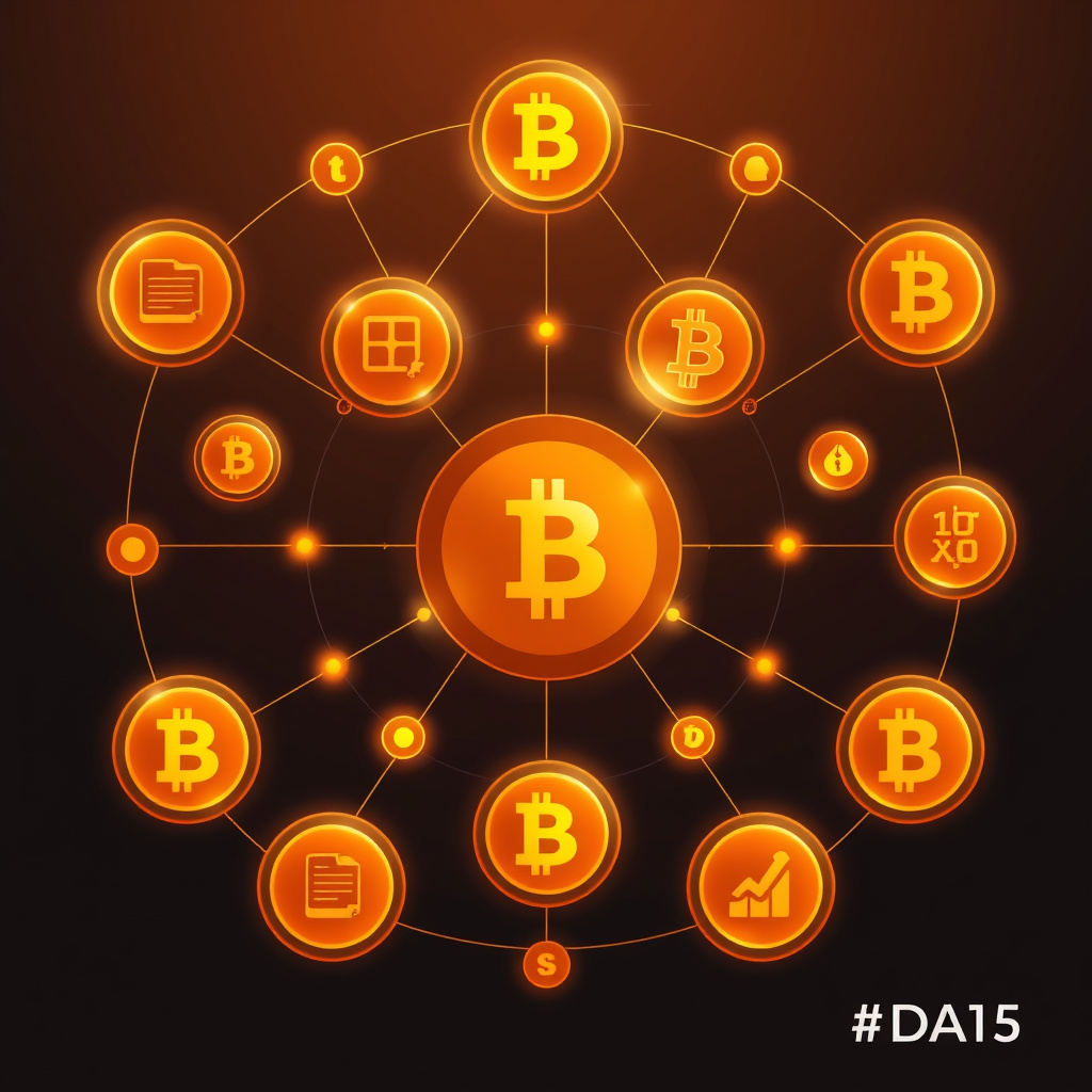 Digital cryptocurrency ecosystem visualization, amber and copper tones, modern abstract art, glow... (generated by AI)