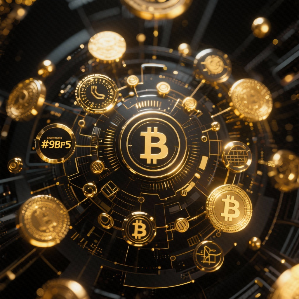 Digital cryptocurrency ecosystem visualization, gold and black theme, modern abstract art, glowin... (generated by AI)