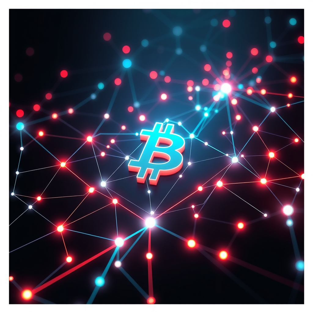 Blockchain network visualization, neon-lit atmosphere, glowing digital connections, dark backgrou... (generated by AI)