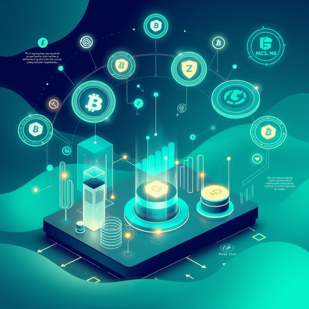 Digital cryptocurrency ecosystem visualization, teal and mint colors, modern abstract art, glowin... (generated by AI)