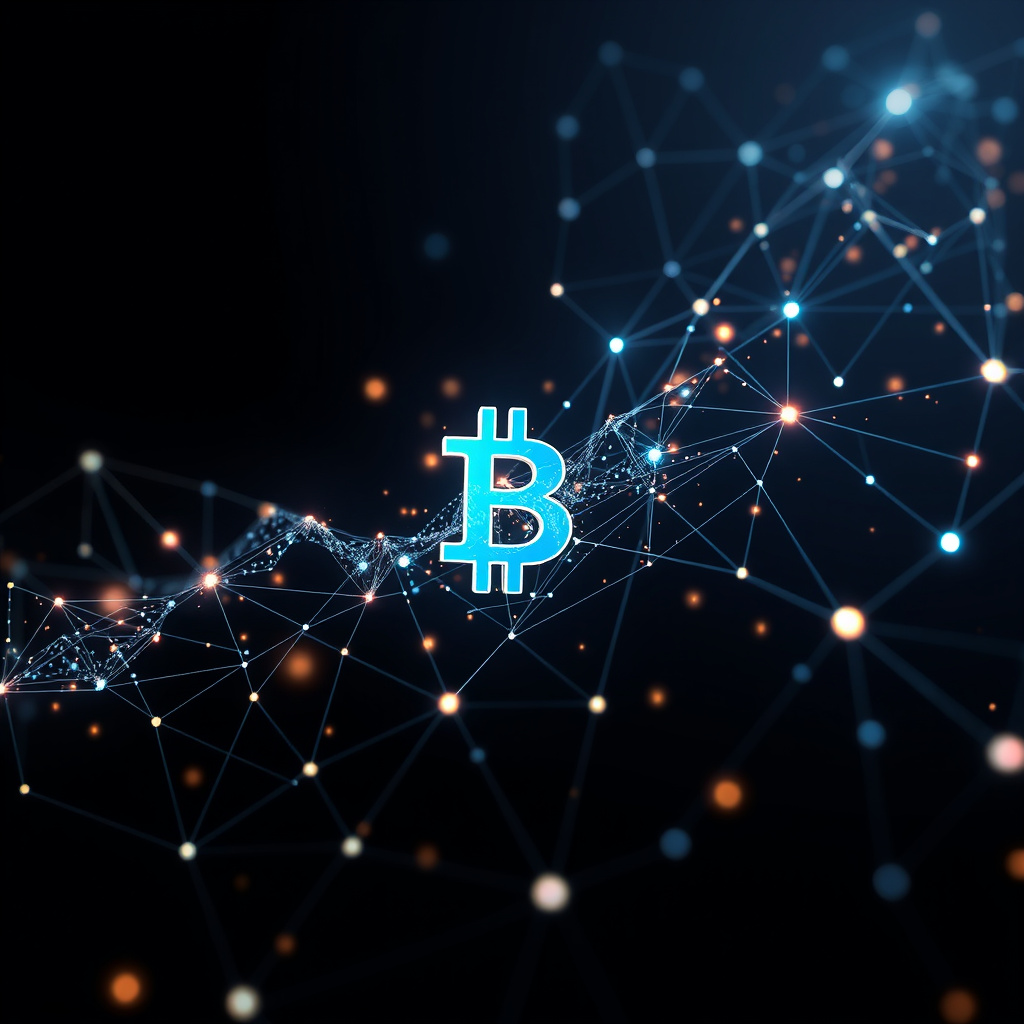 Blockchain network visualization, particle effects, glowing digital connections, dark background,... (generated by AI)