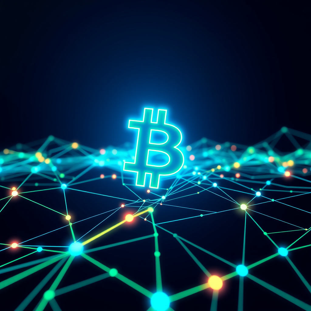 Blockchain network visualization, synthwave colors, glowing digital connections, dark background,... (generated by AI)