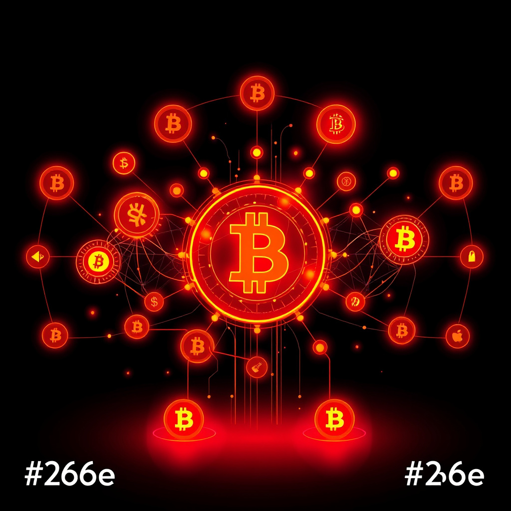 Digital cryptocurrency ecosystem visualization, orange and red highlights, modern abstract art, g... (generated by AI)