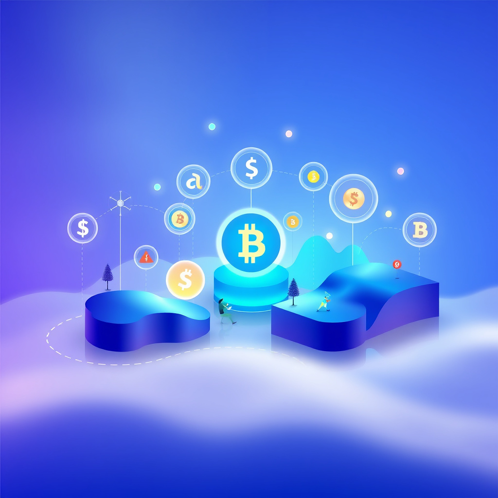 Digital cryptocurrency ecosystem visualization, blue and purple gradients, modern abstract art, g... (generated by AI)