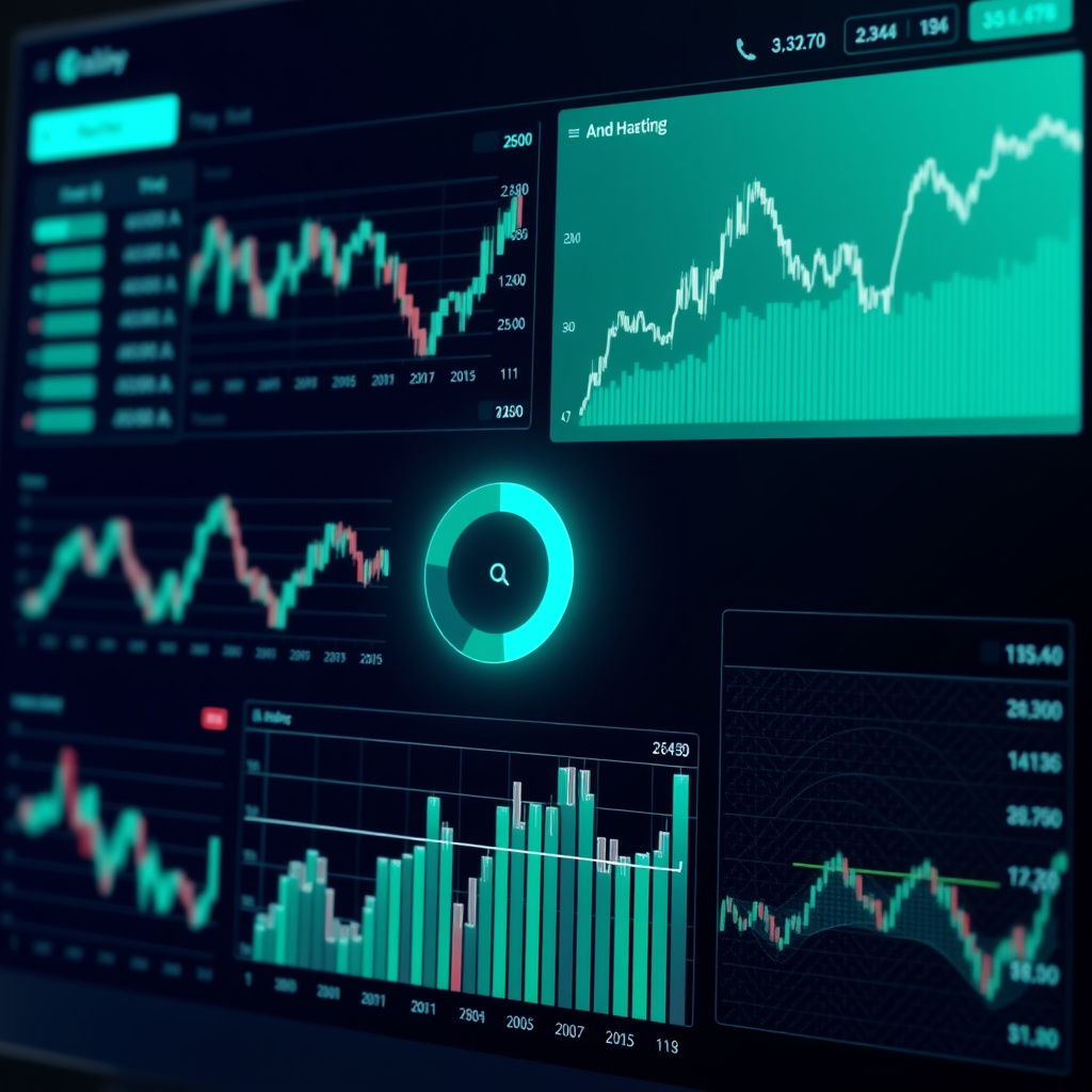 Digital trading dashboard visualization, teal and mint colors, glowing charts and graphs, modern ... (generated by AI)