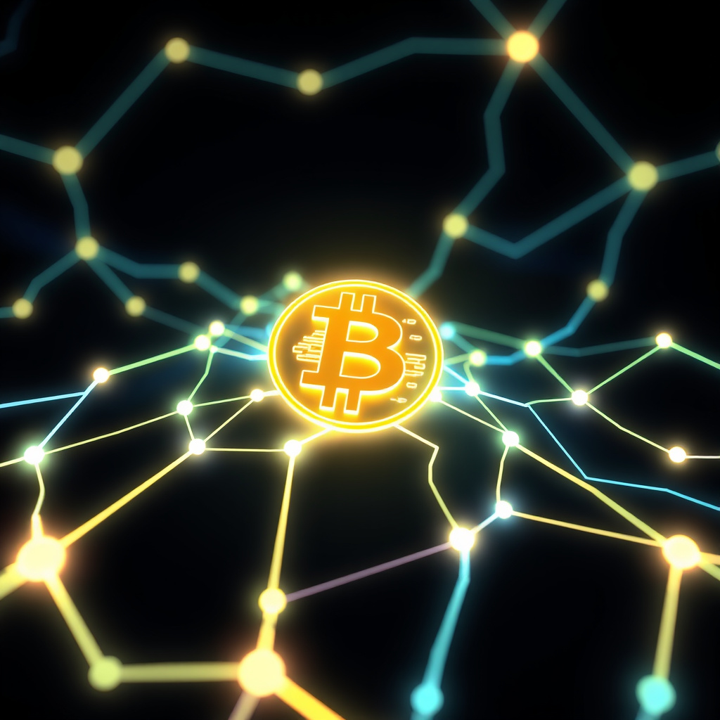Blockchain network visualization, neon-lit atmosphere, glowing digital connections, dark backgrou... (generated by AI)
