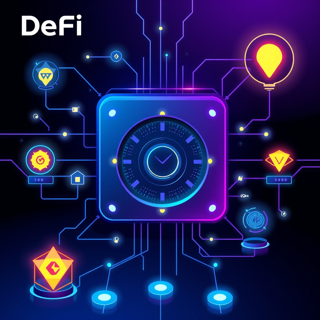 DeFi protocol visualization, blue and purple gradients, digital vaults and yield symbols, glowing... (generated by AI)