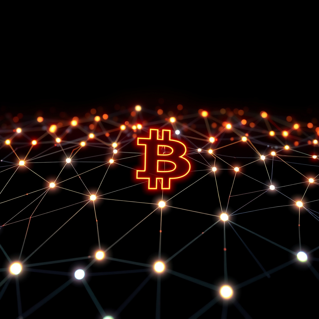 Blockchain network visualization, glowing gradients, glowing digital connections, dark background... (generated by AI)