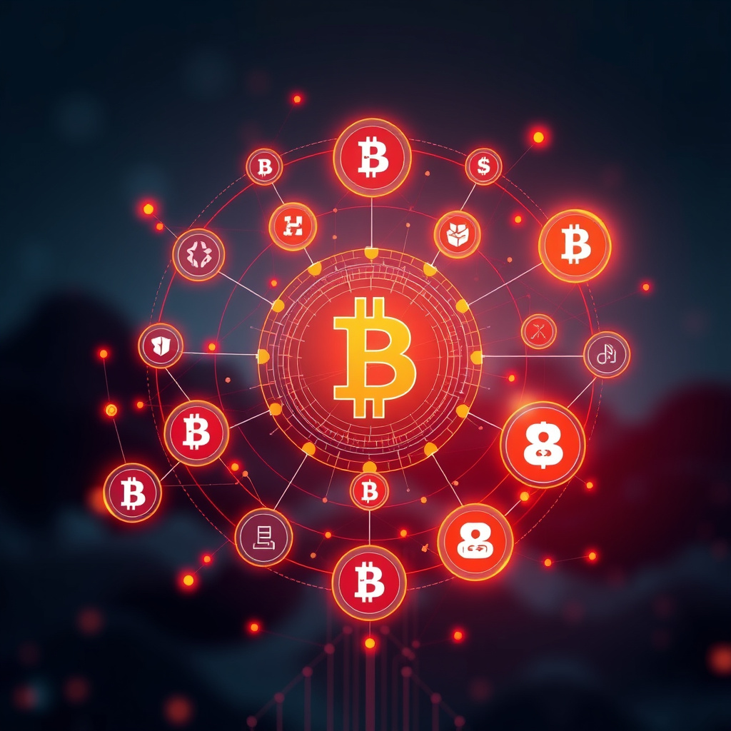 Digital cryptocurrency ecosystem visualization, orange and red highlights, modern abstract art, g... (generated by AI)