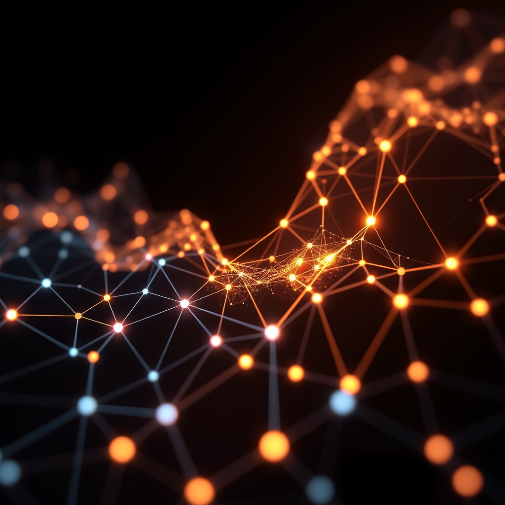 Blockchain network visualization, fluid dynamics, glowing digital connections, dark background, f... (generated by AI)