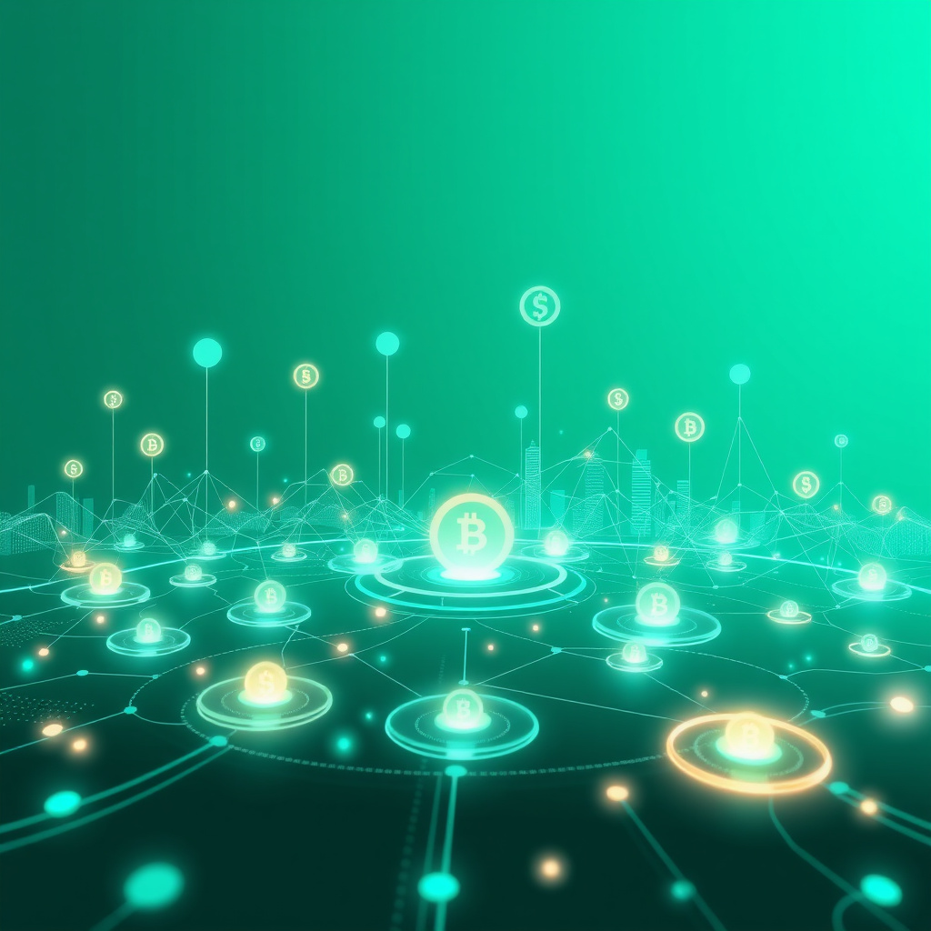 Digital cryptocurrency ecosystem visualization, teal and mint colors, modern abstract art, glowin... (generated by AI)