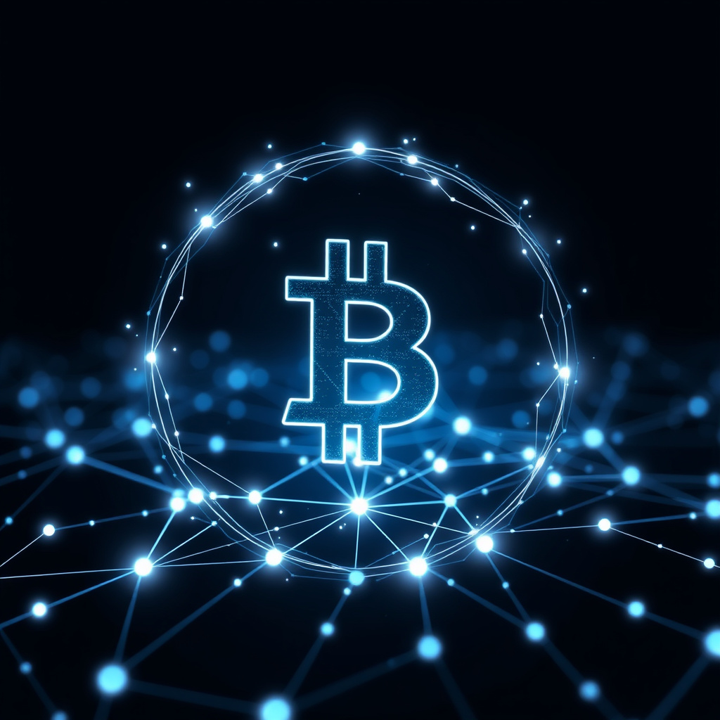 Blockchain network visualization, particle effects, glowing digital connections, dark background,... (generated by AI)