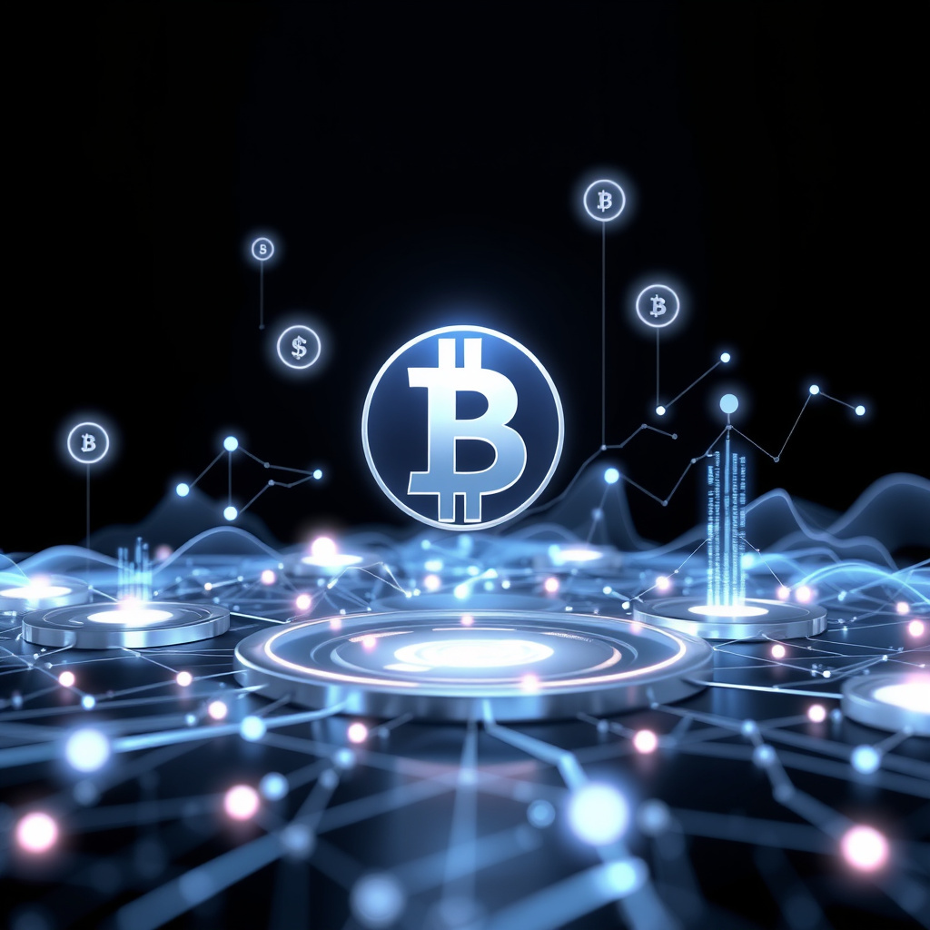 Digital cryptocurrency ecosystem visualization, silver and blue accents, modern abstract art, glo... (generated by AI)