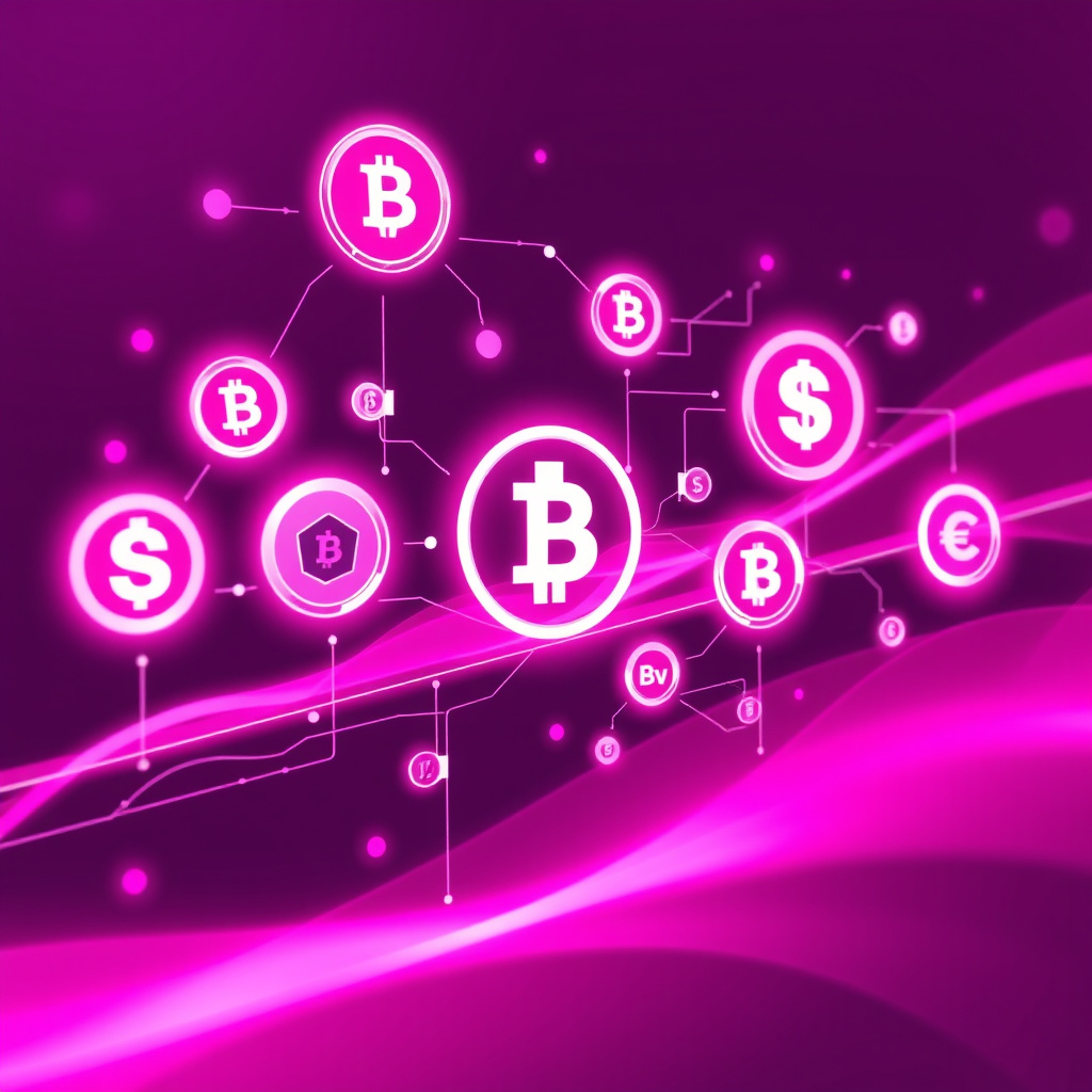 Digital cryptocurrency ecosystem visualization, pink and purple hues, modern abstract art, glowin... (generated by AI)