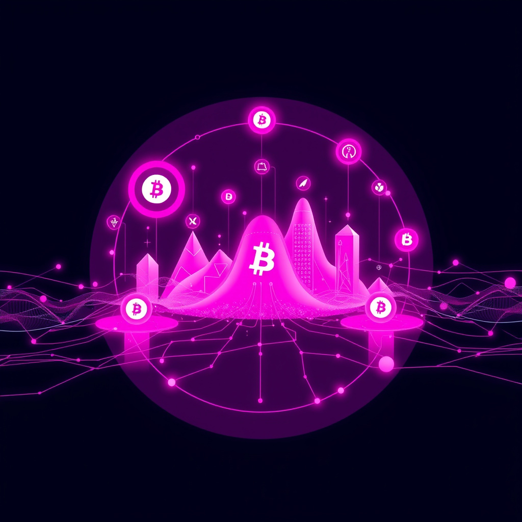 Digital cryptocurrency ecosystem visualization, pink and purple hues, modern abstract art, glowin... (generated by AI)
