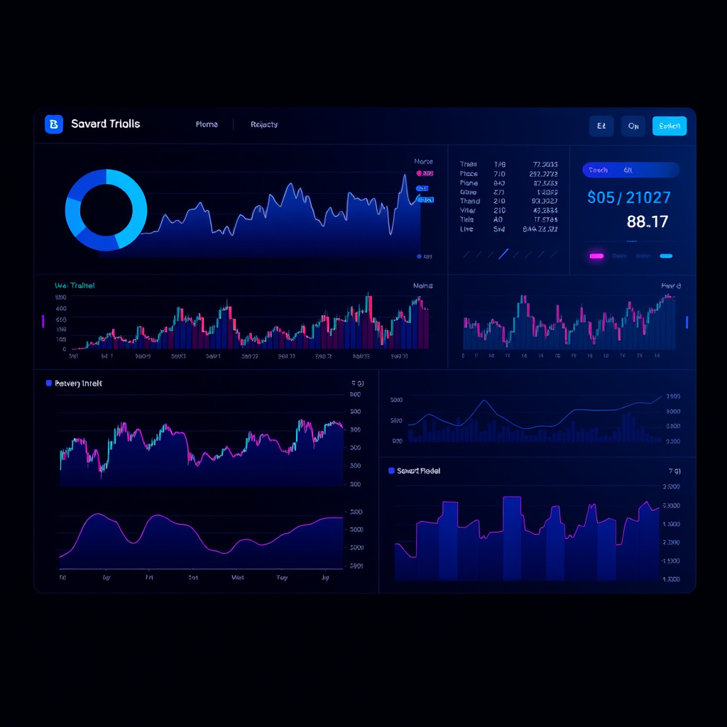 Digital trading dashboard visualization, blue and purple gradients, glowing charts and graphs, mo... (generated by AI)